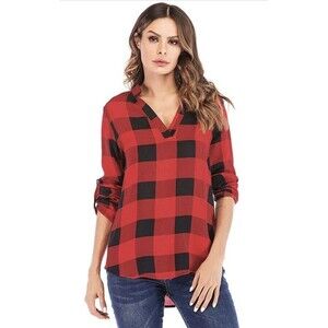 Womens 2XL Shirt Buffalo Plaid Holiday Christmas Photo Long Sleeve Blouse *flaw